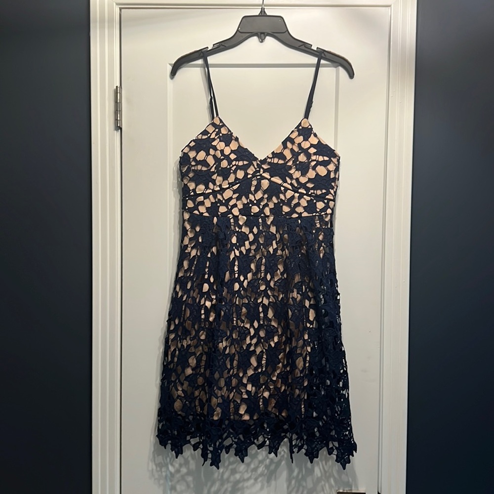 Boutique Dress - Navy Lace with Tan Underlay - Size M